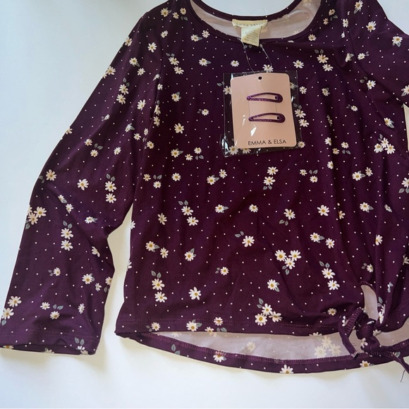 Emma & Elsa Size L 14 Long Sleeve Floral Burgandy Blouse With Hair Clip - Picture 2 of 9